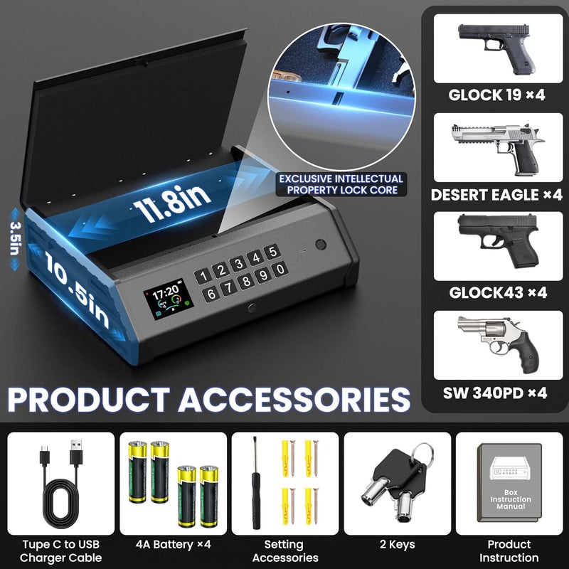 soliles خزنة مسدس، 3 طرق خزنة مسدس بيومترية مع شاشة LCD لعرض درجة الحرارة والرطوبة ومنفذ USB، مزود طاقة طارئ، صندوق قفل المسدس للمنزل وغرفة النوم وطاولة السرير والسيارة - Image 4